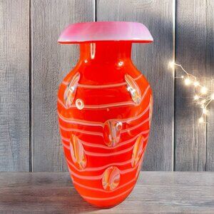 Tall Art Glass Vase Vessel Mushroom Top Orange With White Swirl Glass Vase 12inc